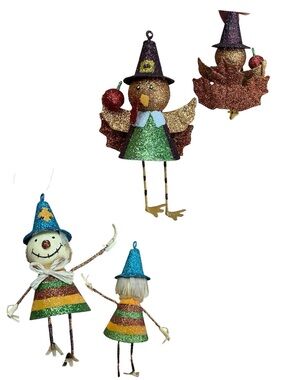 Retire Pier 1 Metal Glitter Thanksgiving Turkey & ScareCrow. Highly Collectible!